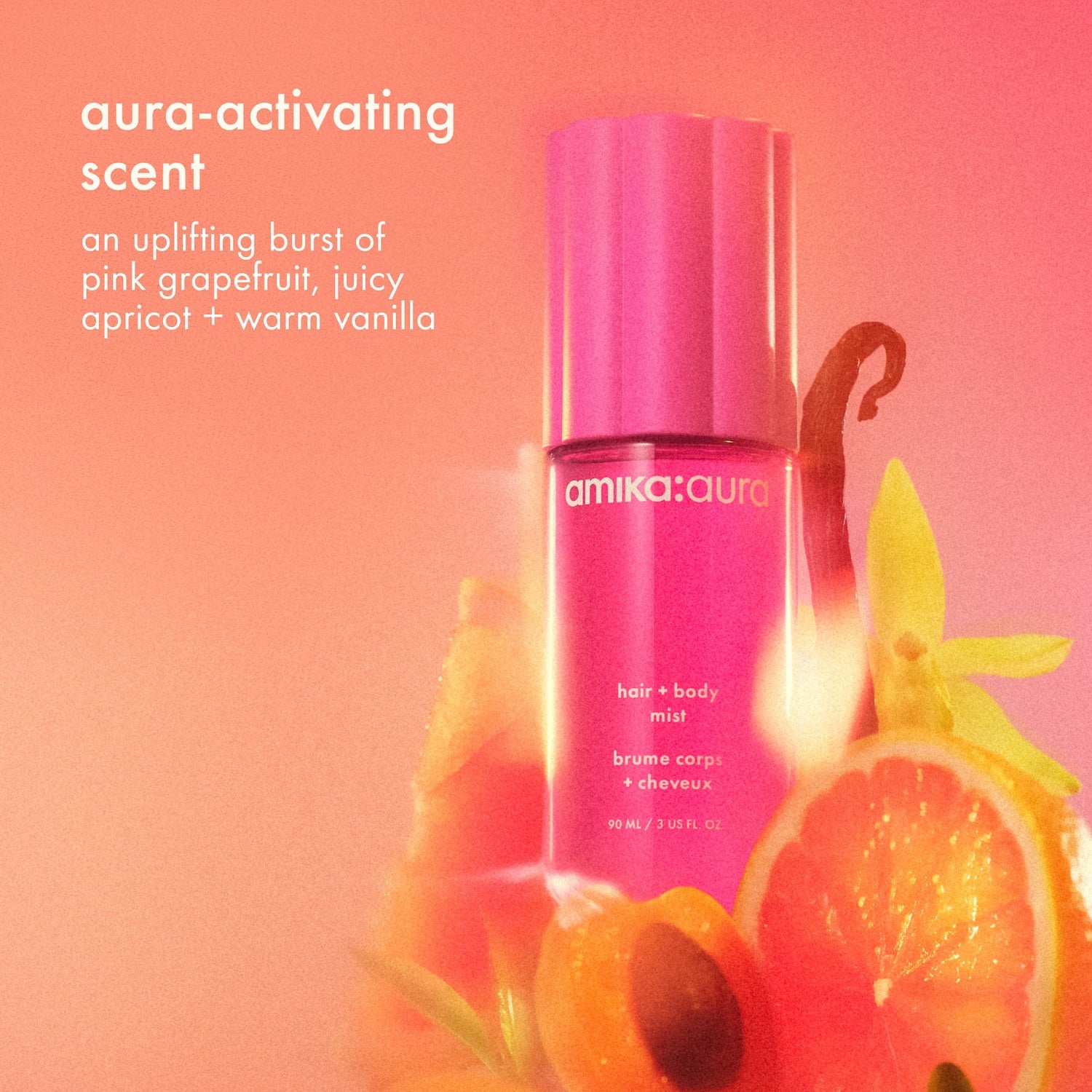 amika:aura Bruma para cabello y cuerpo con vainilla y pomelo rosa — amika