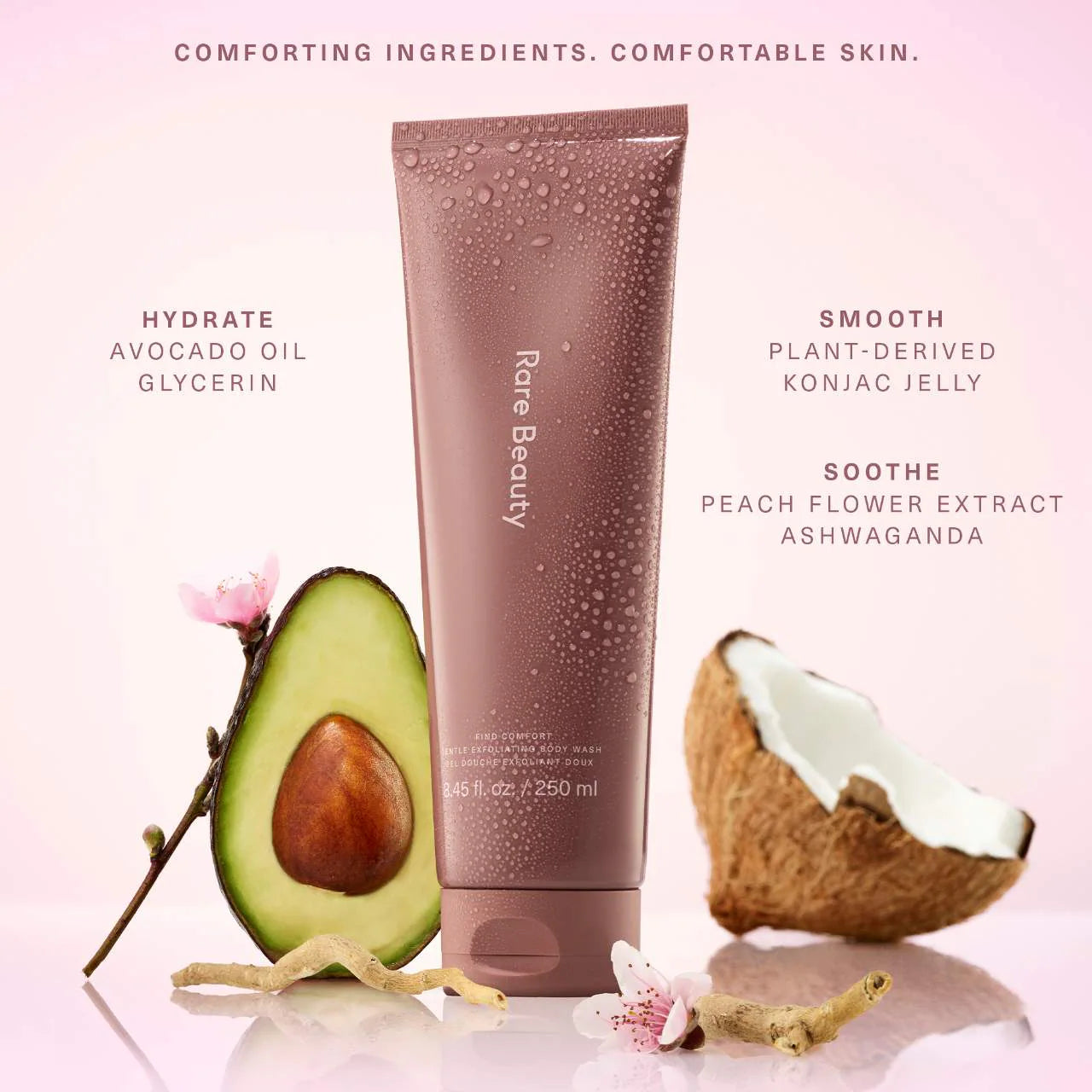 Find Comfort Gel de baño exfoliante suave con jalea Konjac — Rare Beauty by Selena Gomez