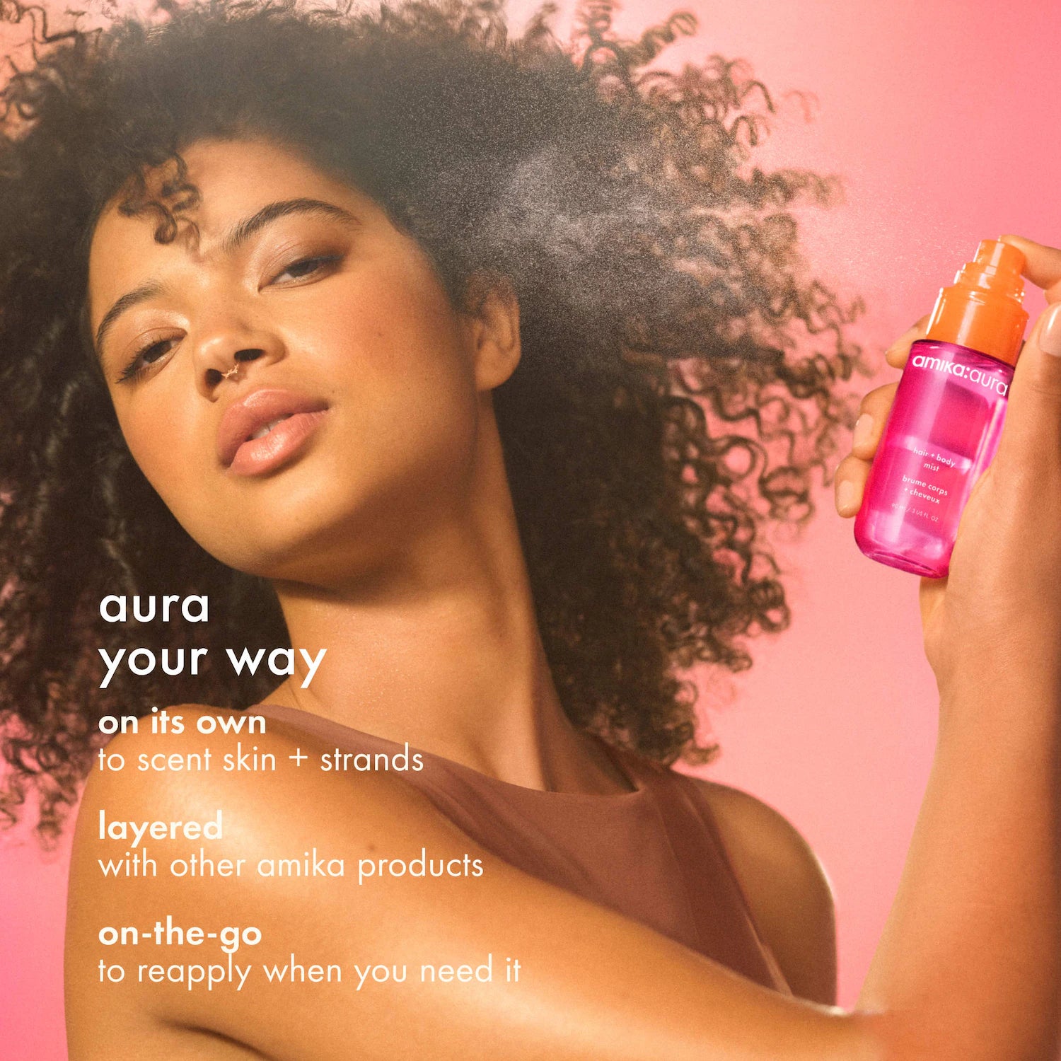 amika:aura Bruma para cabello y cuerpo con vainilla y pomelo rosa — amika