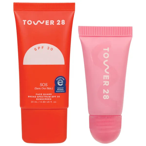Dúo Mini Glow &amp; Protect (SOS FaceGuard SPF 30 + LipSoftie Watermelon Kiwi) — Tower 28 Beauty